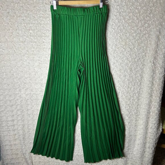 Bright Green Flared Funky Pants. Ribbed, Flowy Pants with Stretchy Waistband - Picture 6 of 7